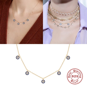 Bohemian S925 sterling silver evil eye choker necklace with blue zircon charms