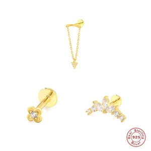 925 Sterlingsilber Geometrische Labret Ohrstecker Für Damen Gold Plattiert Zirkonia Vierblättriges Kleeblatt Dreieck Kette Krone Ohrknorpel Piercing Schmuck