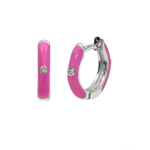 Macro detail of pink enamel silver hoop earrings with a centered cubic zirconia stone
