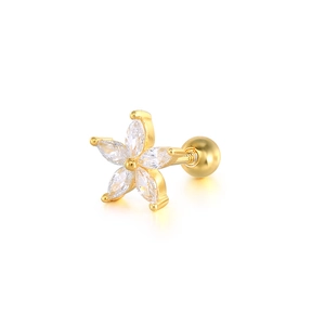 Macro detail of gold five-petal flower stud earring with marquise zircon and screw ball back