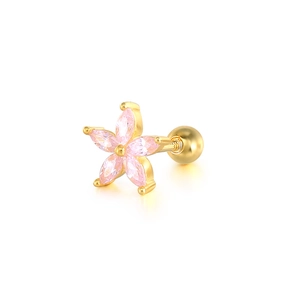 Detailed macro view of 18K gold flower stud earrings with pink marquise-cut zircons