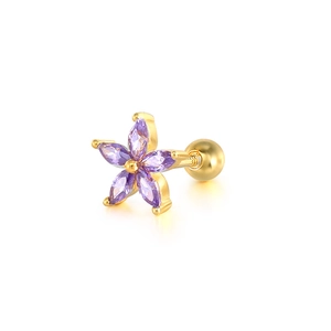 Macro detail of gold flower stud earring with five purple zircon petals and screw back