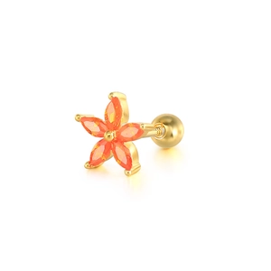 Detailed view of flower stud earring with five orange marquise zircons and screw back