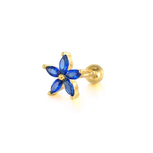 Detail of gold floral stud earring featuring five blue marquise crystals and screw back