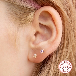 Elegant 925 sterling silver flower earrings with purple and white zircon crystals