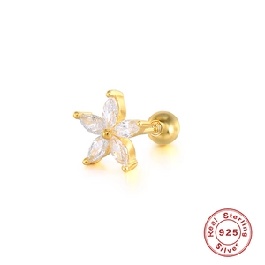 Minimalist 925 sterling silver flower stud earrings with five sparkling zircon gemstones