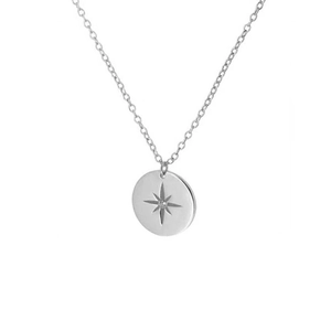 Macro view of S925 sterling silver necklace with octagonal star circular pendant