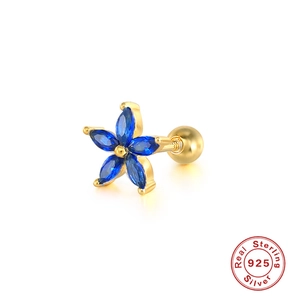 925 Sterling Silver flower stud earring with blue zircons and screw ball back