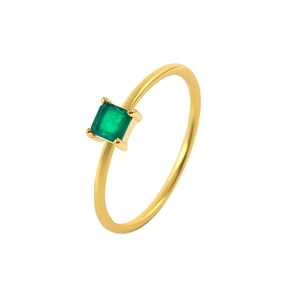 Detailed close-up of a gold emerald ring featuring a rectangular gemstone on a slim band