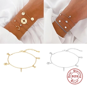 Boho 925er Sterlingsilber Lagen-Armband mit Stern-, Mond- und Kompassanhängern