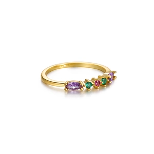 Detailed view of gold plated silver ring with colorful marquise and round gemstones