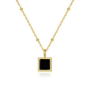Detailansicht der goldenen Perlenkette mit quadratischem schwarzem Agat-Anhänger