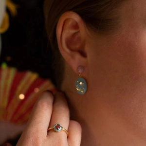 Close-up of vintage star and moon jewelry set featuring blue enamel and gold details