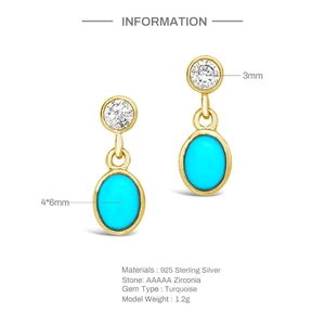 Detalle de pendientes de plata 925 con piedra turquesa y piedras de circonita 5A