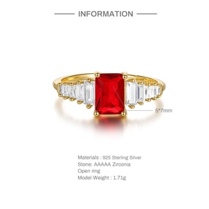 Macro shot of S925 sterling silver ring with rectangular red zircon and S925 hallmark