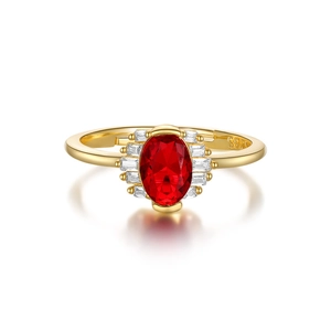 Macro detail of S925 silver ring with large oval red gemstone and zircon accents