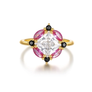 Detailed view of S925 silver ring with square clear stone and pink marquise gems