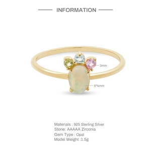 Detailed view of S925 silver ring featuring white opal and multi-color cubic zirconia