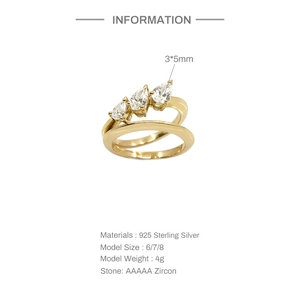 Detail view of gold-tone S925 sterling silver ring with three pear-cut AAAAA zircons