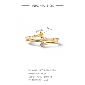 Detail view of double-layer S925 silver ring featuring yellow and grey gemstones