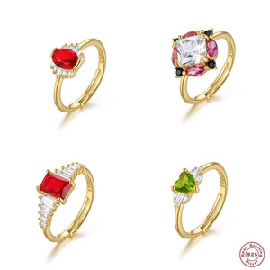 Luxury 925 Sterling Silver Zirconia Open Ring For Women Vintage Geometric Oval Heart Rectangle Red Green Gemstone Adjustable Finger Ring Jewelry Gift