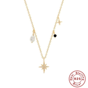 S925 sterling silver gold necklace with star pendant and irregular white pearl