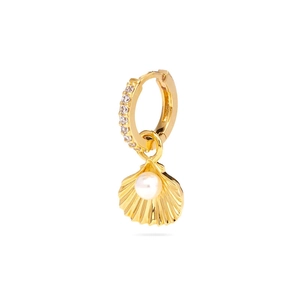 Pendientes de aro en plata S925 con colgante de concha, perla y baño de oro