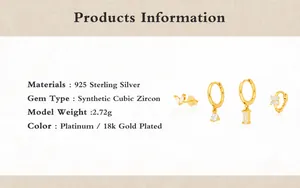 Détails d'ensemble de boucles d'oreilles fleurs en argent 925 et zircon plaqué or 18K