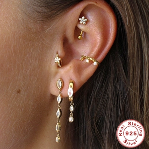 S925 sterling silver gold earrings set with marquise zircons and star stud details