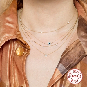 Collar multicapa de plata esterlina S925 con ojo de la suerte y perlas finas