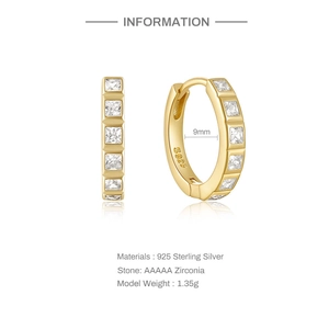 Detailed view of 9mm S925 sterling silver gold hoop earrings with square AAAAA zirconia