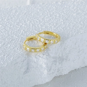 Close-up of S925 sterling silver gold-plated square zircon hoop earrings showing details