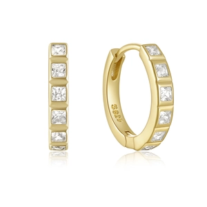 Detail of S925 hallmark on gold plated sterling silver hoop earrings with square zircons