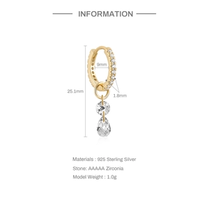 Detalle de pendientes de daga en plata S925 con circón AAAAA y dimensiones del producto