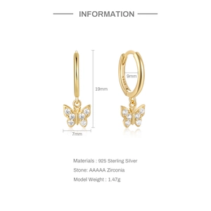 Detail showing dimensions of gold S925 sterling silver butterfly earrings with cubic zirconia