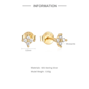 Detailed specs of 5.5mm S925 sterling silver moissanite flower studs with gold finish