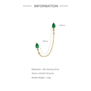 Detailed view of S925 sterling silver chain earrings with AAAAA green zirconia stones