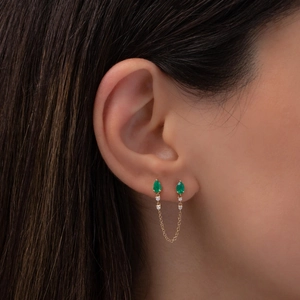 Close-up of S925 silver gold-plated emerald drop earrings with delicate chain link tassels