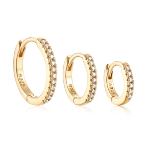 Three-piece gold S925 silver hoop earrings set with minimalist white zircon pavé stones