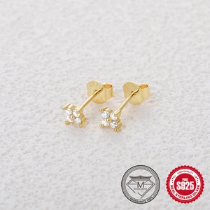 S925 sterling silver gold flower stud earrings featuring four brilliant moissanite stones