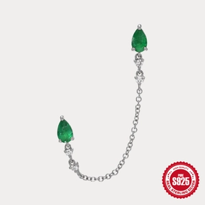 S925 sterling silver chain earrings with pear-cut green gems and white zircon accents