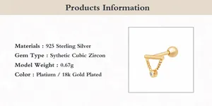 Detail view of S925 sterling silver ear bone stud with gold chain tassel and cubic zirconia