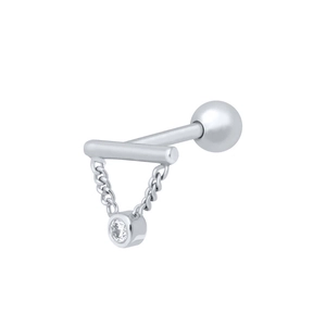 Detail of S925 sterling silver bar stud earring with dangling chain and sparkling zircon
