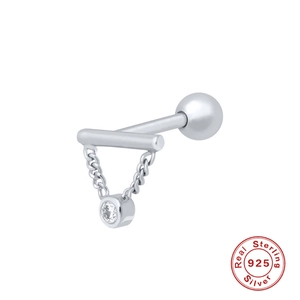 S925 sterling silver bar chain tassel stud earring with sparkling cubic zirconia stone