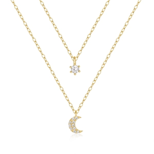 Collana a doppio strato in argento S925 placcato oro 18K con ciondoli luna e zirconi