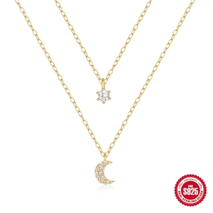 S925 Argento Sterling Doppio Strato Mezzaluna Pendente Collana per Donna Zirconia Tondo Solitario Catena Gioielli Moda