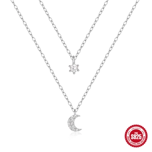 Collana a doppio strato in argento 925 con perno in zircone e pendente a forma di mezzaluna