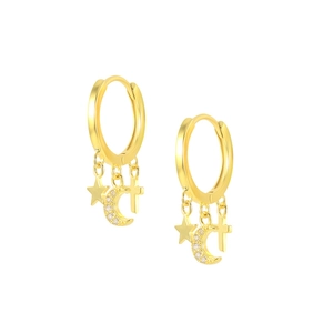 925 Sterling Silver Star Moon Cross Hoop Earrings Women Rhinestone Inlaid Gold Silver Dangle Jewelry