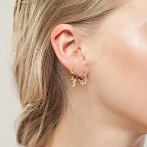 Chic gold hoop earrings set with celestial star moon pendants and pearl accents for women