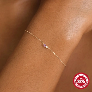Minimalist S925 sterling silver gold bracelet with purple and clear zircon stones